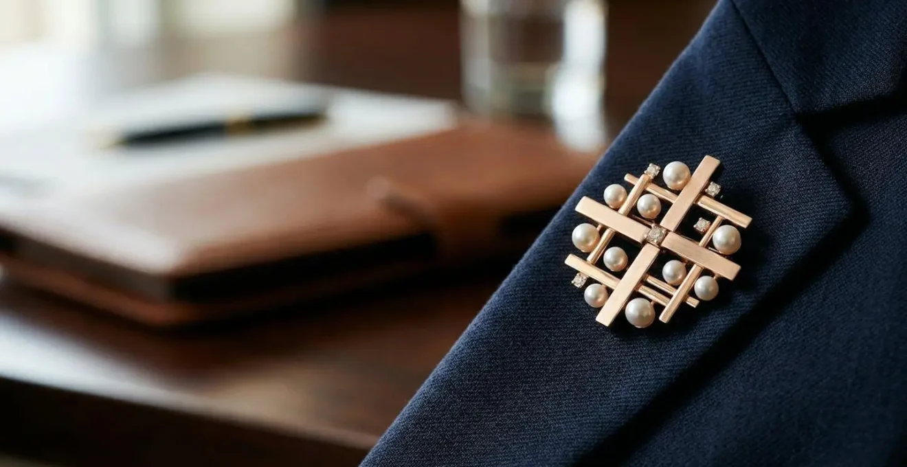 Close-up of a sophisticated lapel brooch positioned on a navy blazer for maximum visual impact