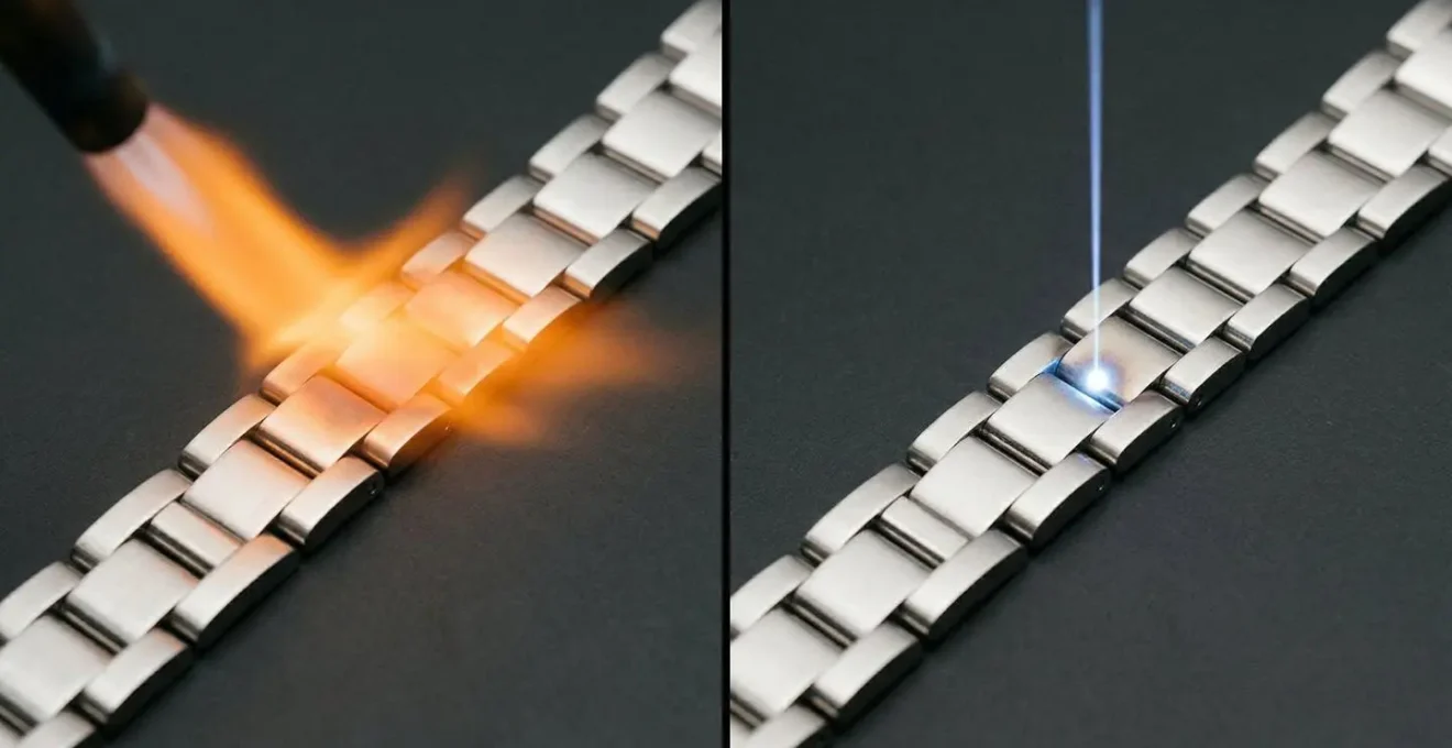 Visual comparison of traditional torch versus laser welder heat patterns on platinum