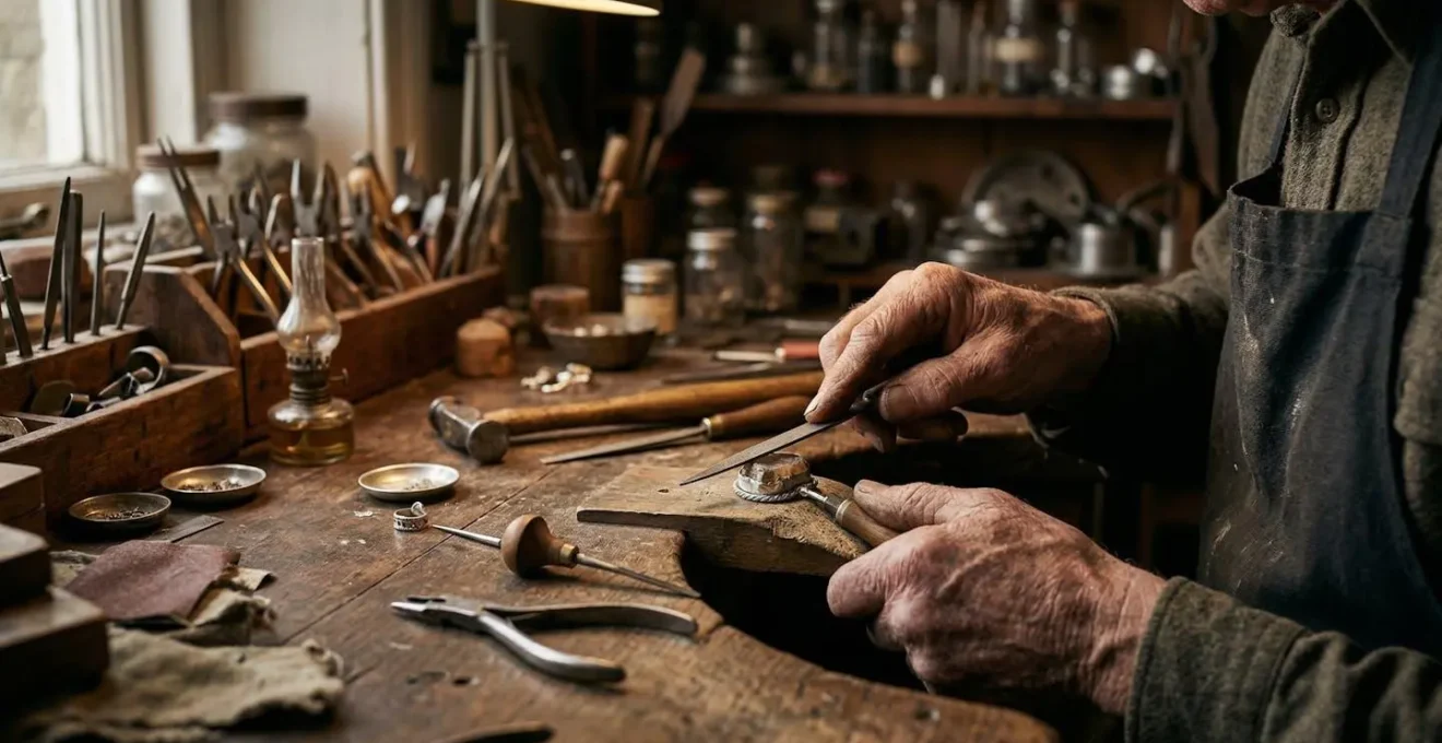 Close-up of the weathered hands of a master craftsman, delicately using traditional tools to set a gemstone in a workshop filled with character.