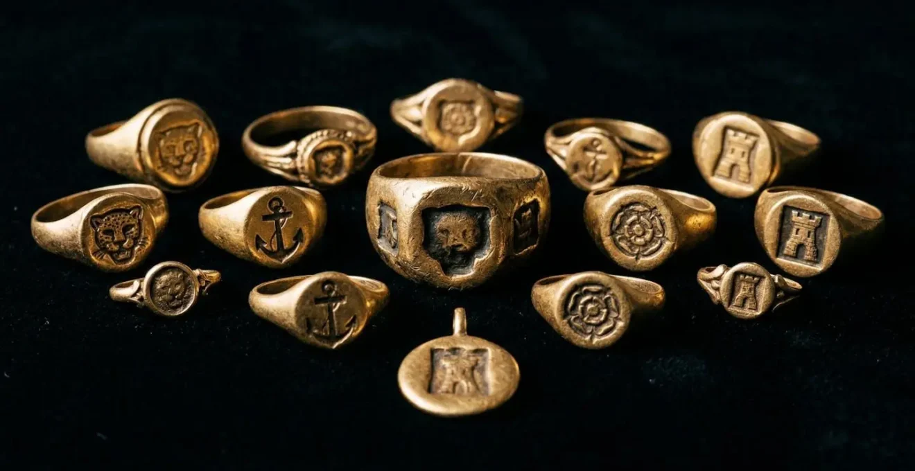 Close-up view of British hallmarks on antique gold jewelry showing leopard, anchor, and date marks