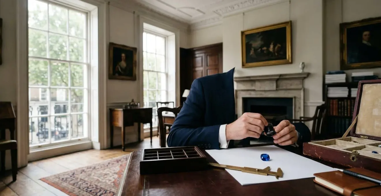 Professional gemologist examining unheated sapphire at London auction house