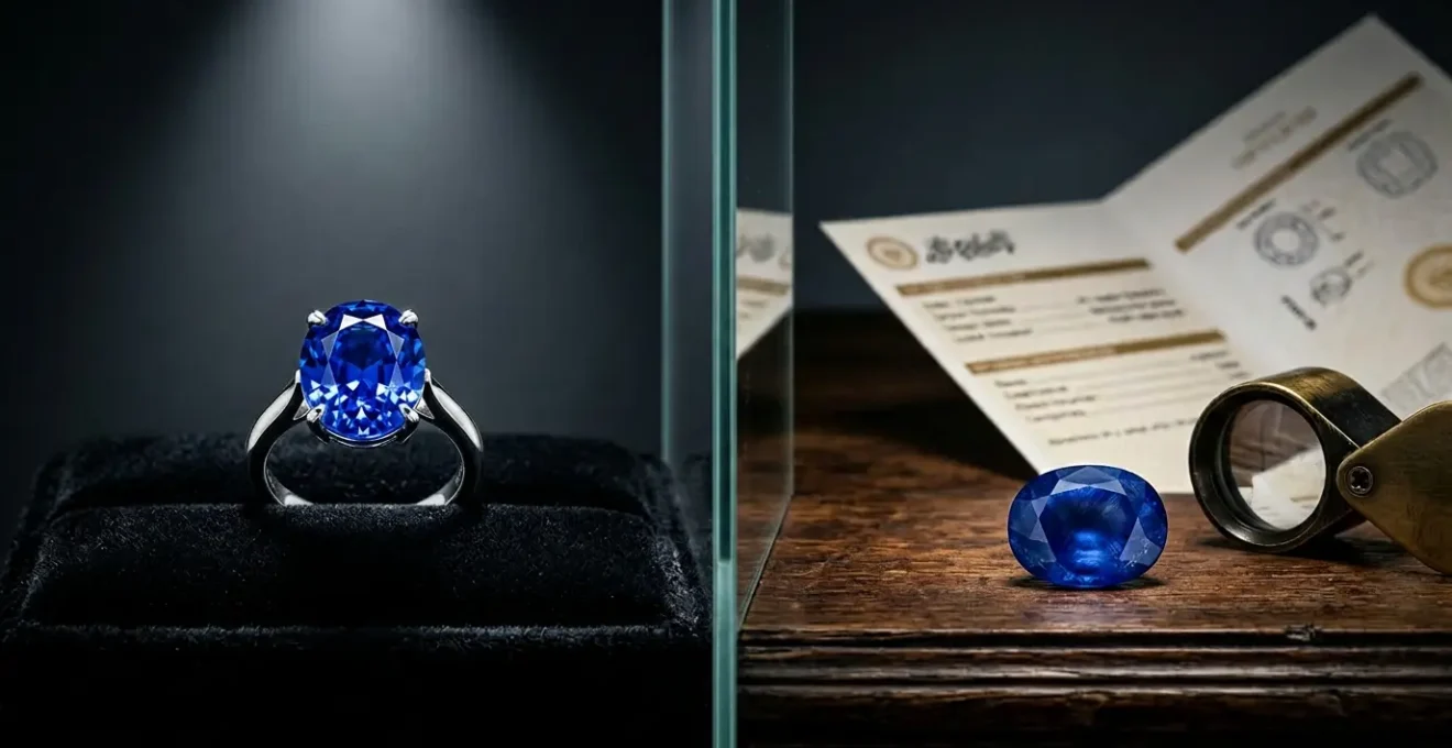 Professional jewelry appraisal comparing heated and unheated sapphires in UK setting