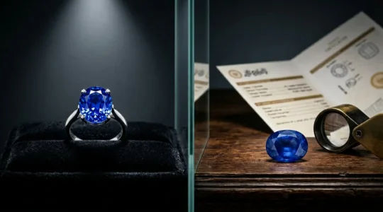 Professional jewelry appraisal comparing heated and unheated sapphires in UK setting
