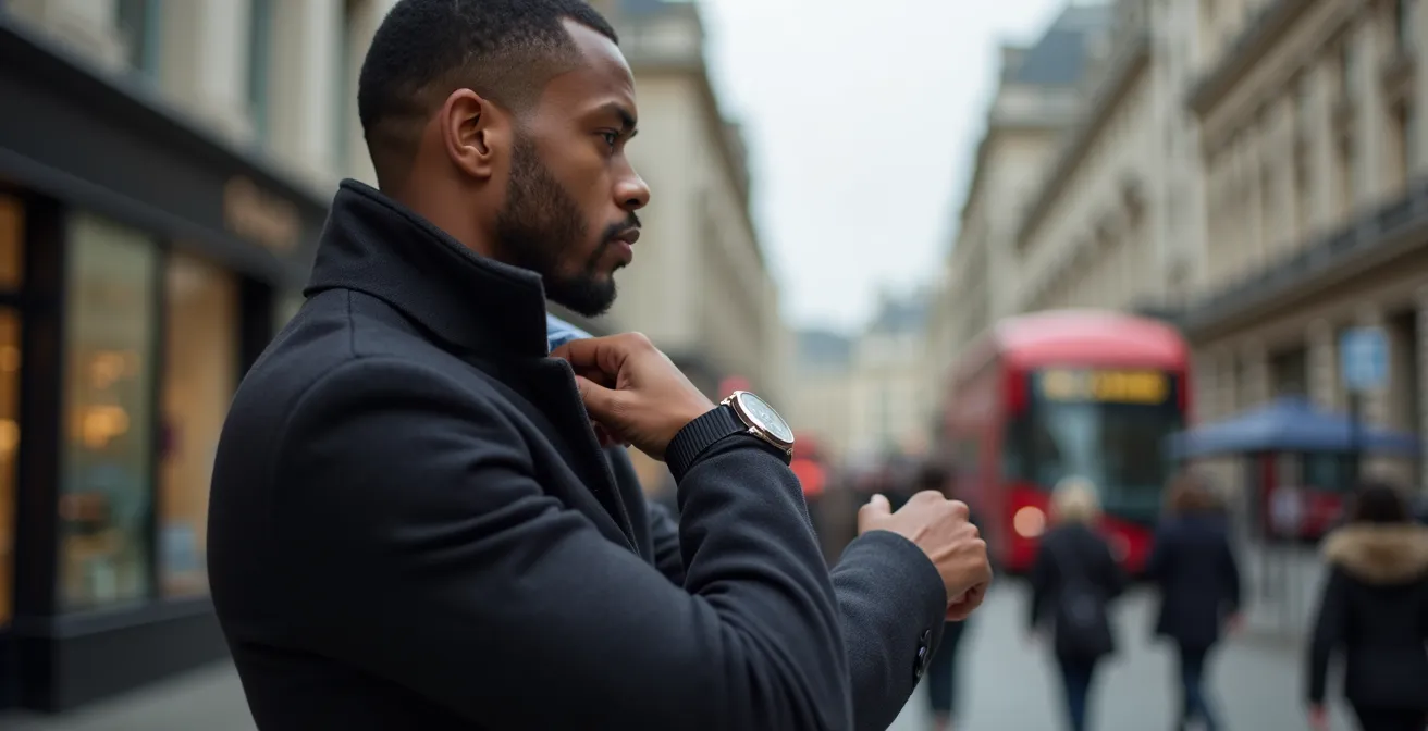 Person in urban setting demonstrating watch safety practices