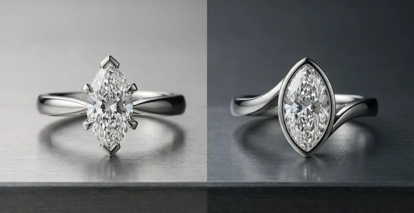 Close-up comparison of V-prong versus bezel settings on marquise diamonds