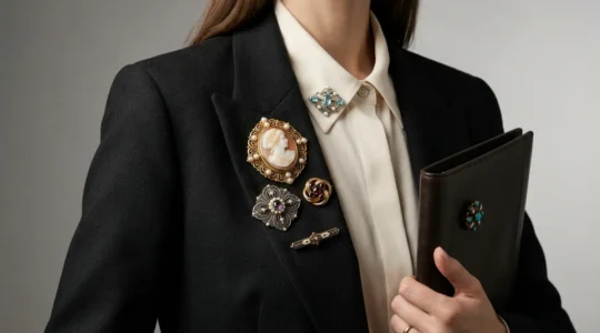 Professional woman styling Victorian brooch with modern office attire