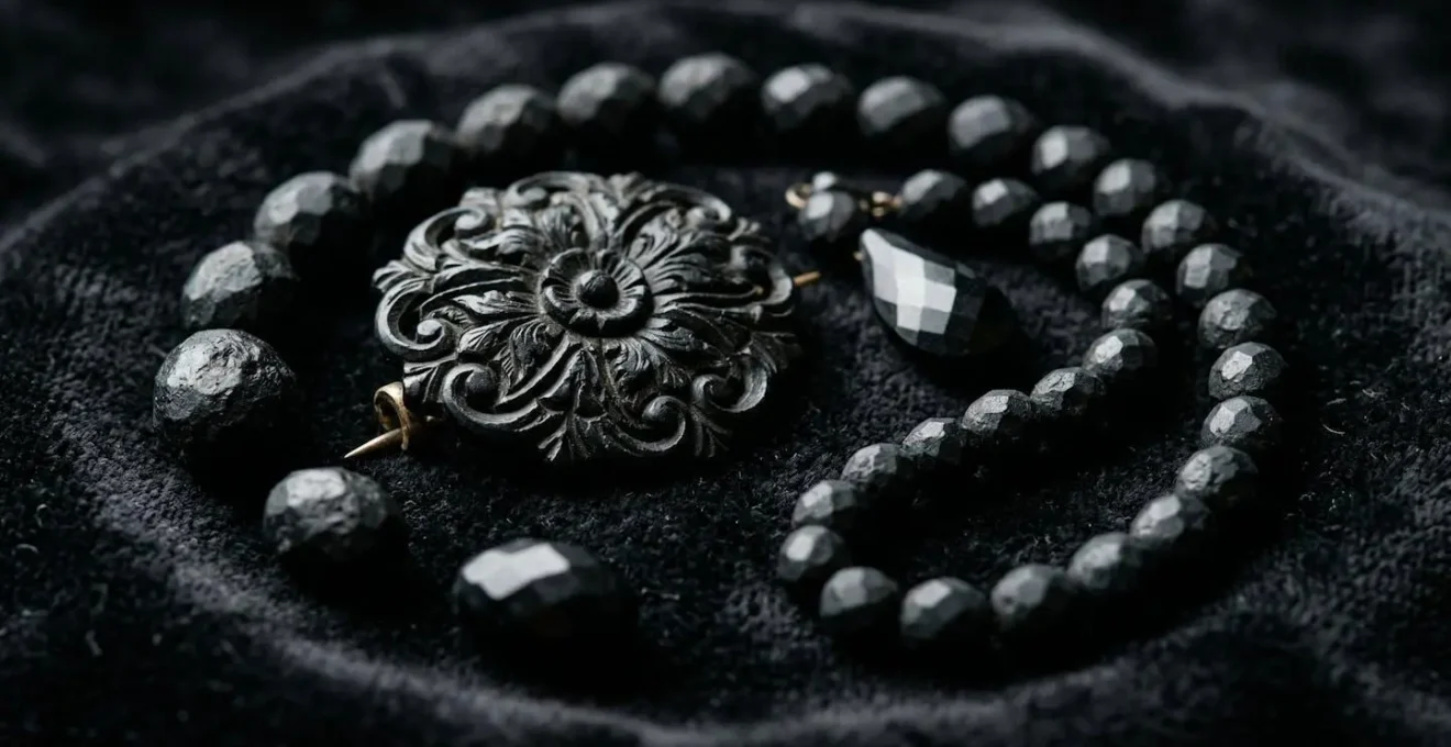 Close-up of traditional Whitby jet mourning jewelry with matte black finish