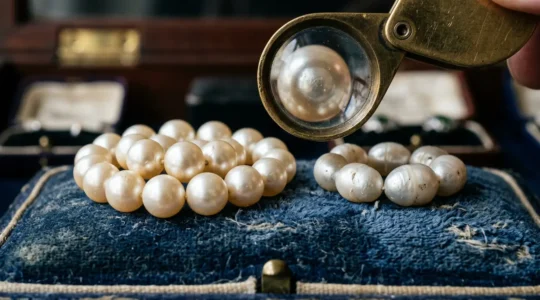 Close-up examination of vintage pearl strands under magnifying glass in British antique shop setting