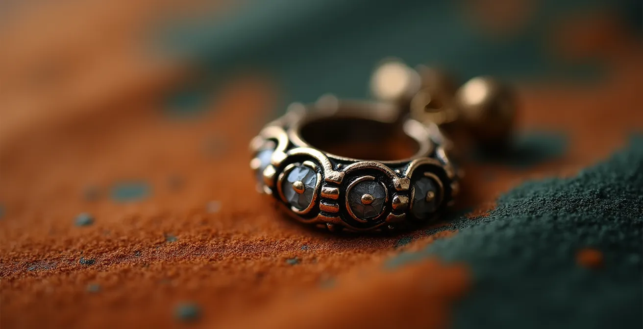 Extreme close-up of antique gold earring showing patina and aged texture details