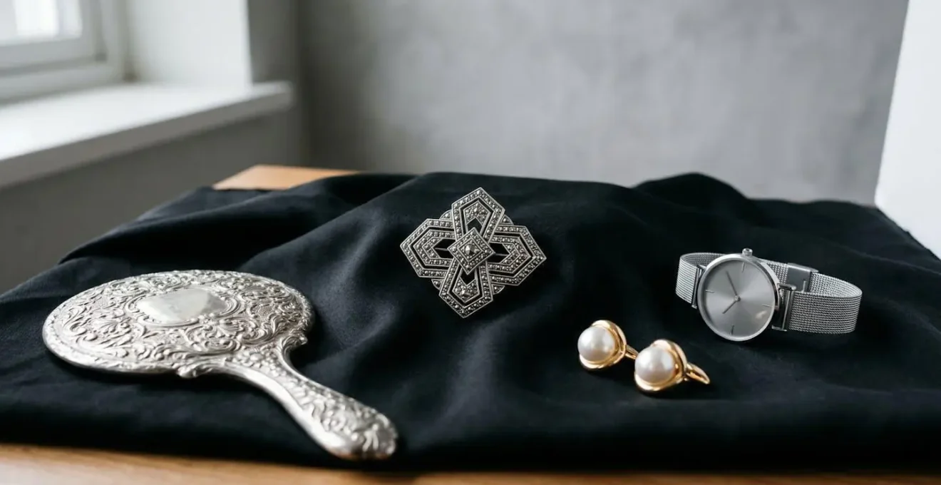 Art Deco brooch styled with contemporary formal outfit showing proper vintage integration