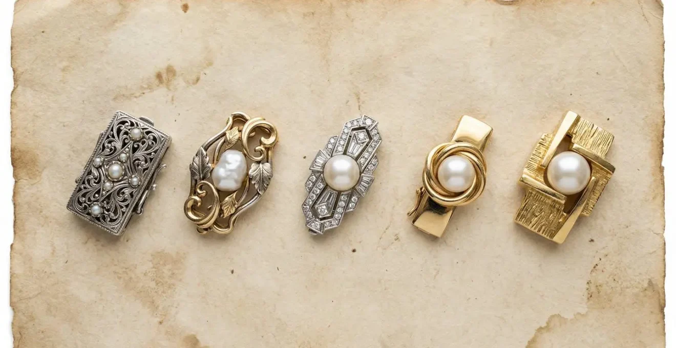 Antique pearl clasps from different eras displayed chronologically showing hallmark details