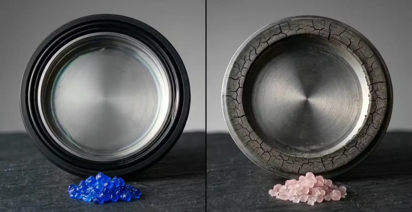 Side-by-side comparison of new and aged watch gaskets showing degradation
