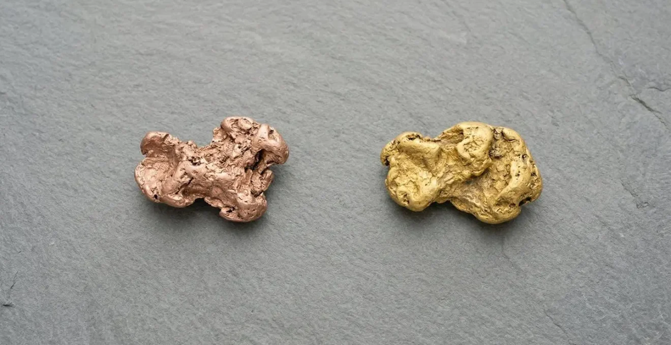 An overhead shot comparing two raw gold nuggets on a slate background; the Welsh gold on the left has a distinct rose tint, while the Scottish gold on the right is a brighter yellow.