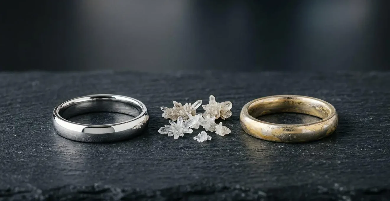 Side-by-side comparison of white gold rings showing rhodium wear patterns