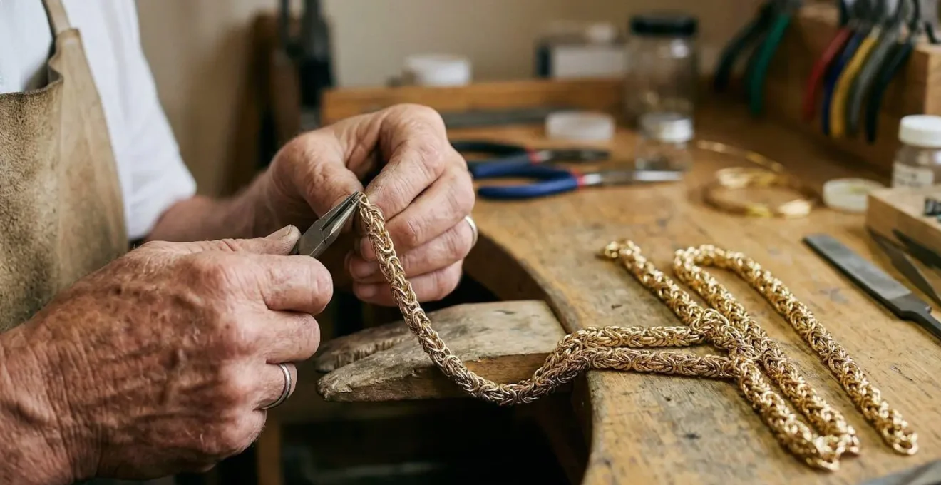 Hands working on intricate Byzantine chain pattern showing repeating link units