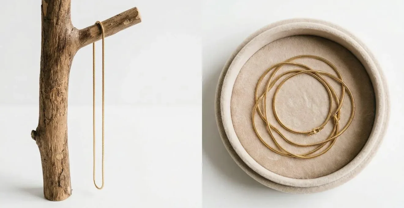 Side-by-side comparison of snake chain stored on tree versus in tray showing stress points