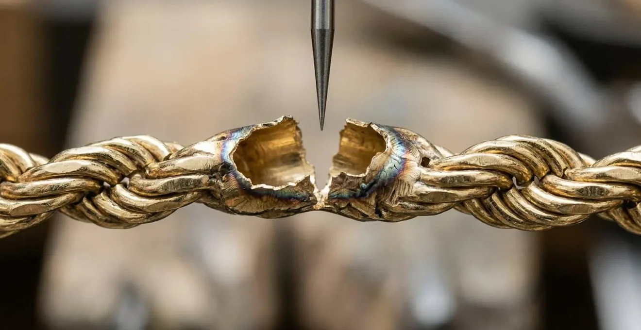 Extreme close-up of laser welding process on delicate hollow gold chain link