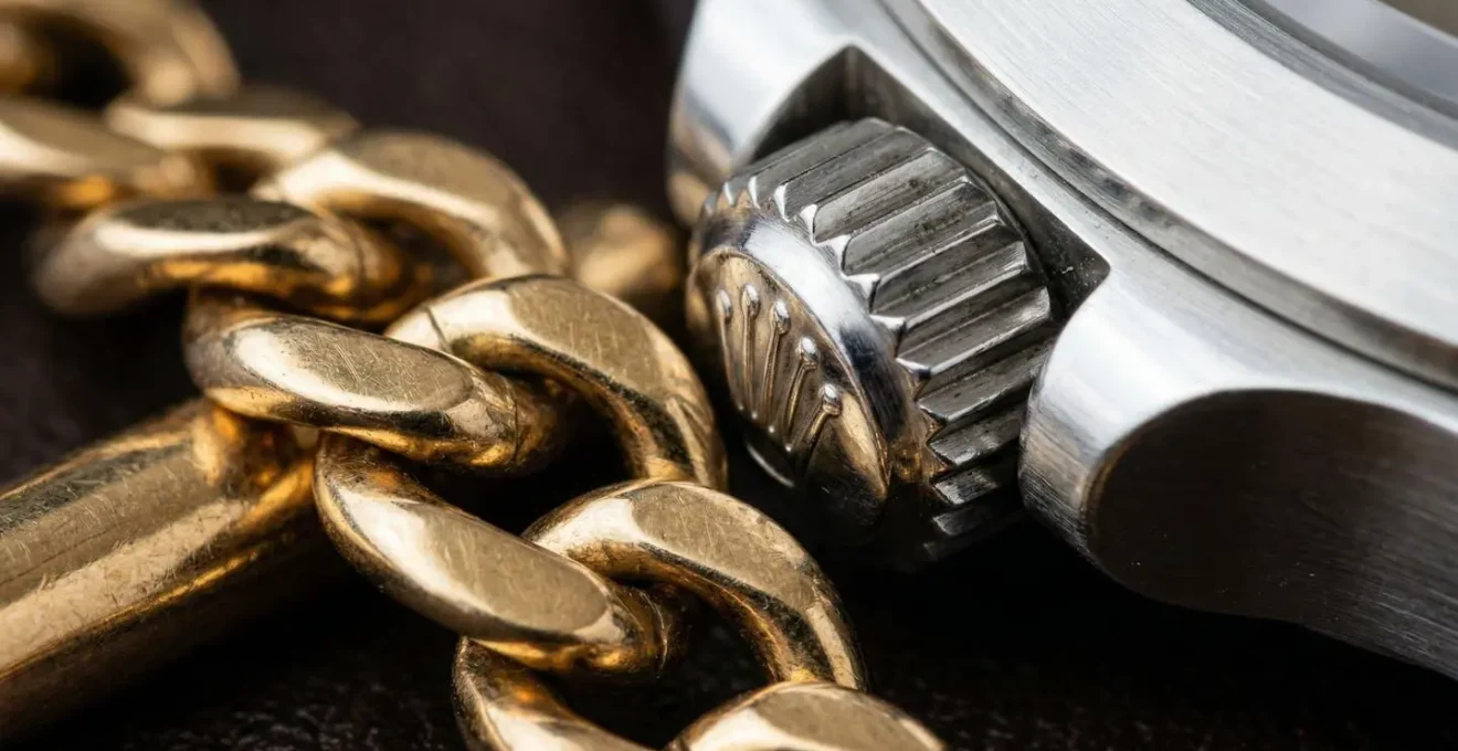 Artistic arrangement of gold cufflinks alongside a silver watch showing tonal harmony in formal jewelry